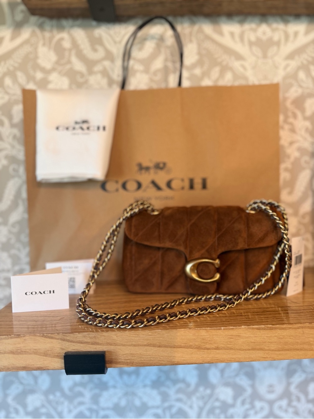 Coach Tabby 20 Quilted Warm Brown Suede Chain Strap Gold HDW NWT